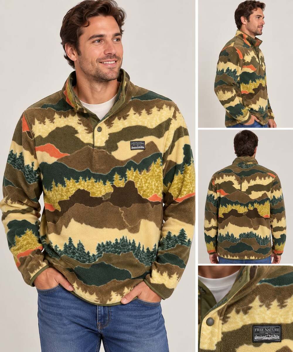 NWT Free Nature Mountain Forest Print Fleece Pullover Size L